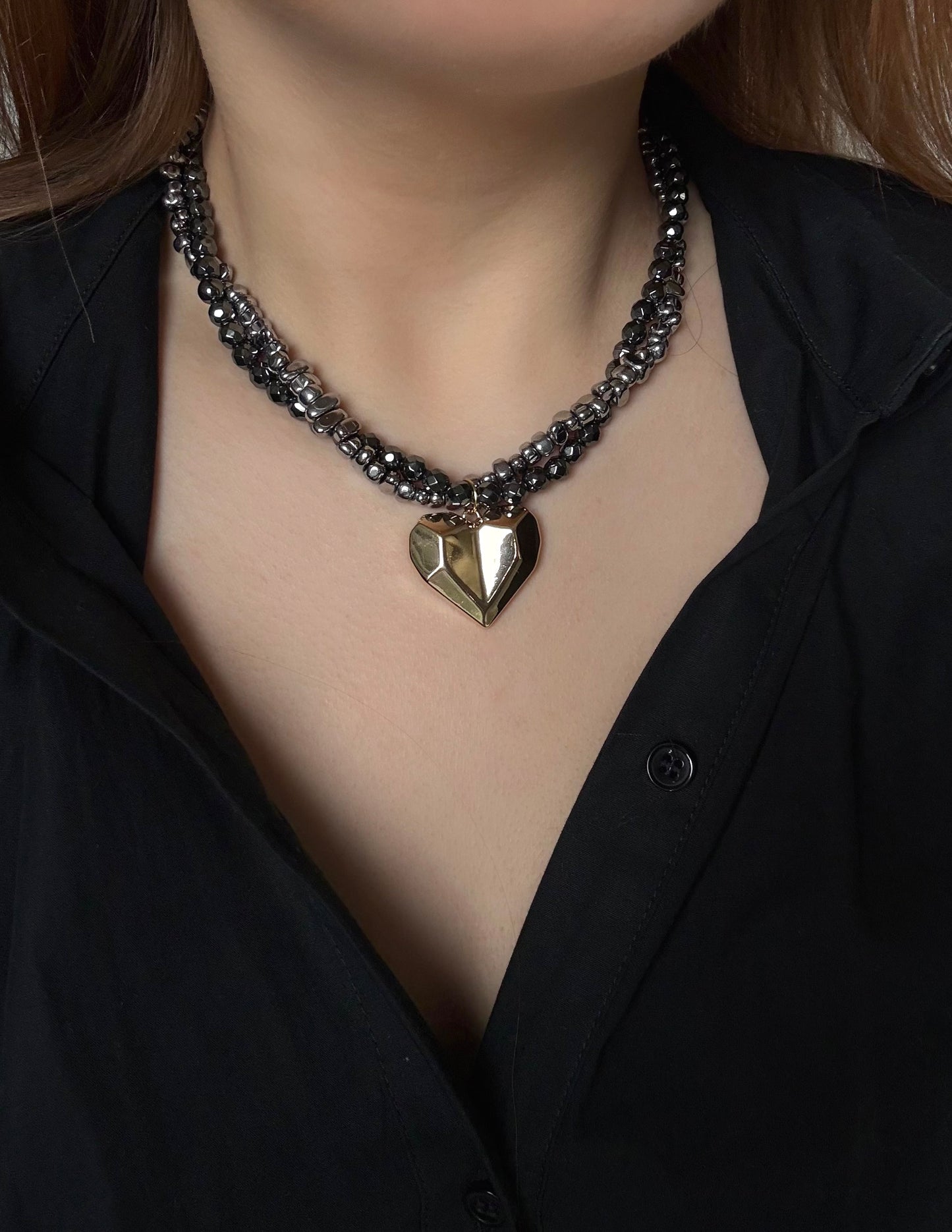 Twisted Hematite Large Heart Necklace