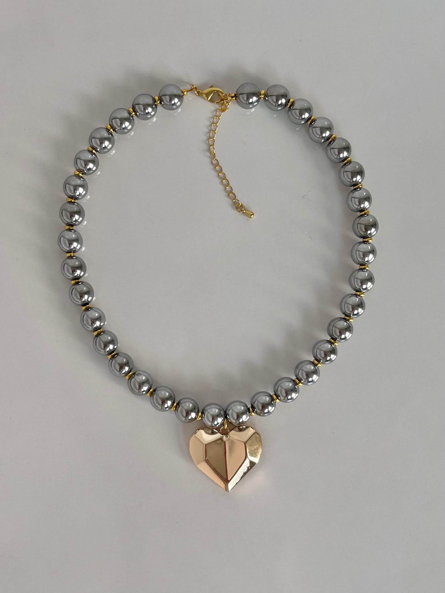 Silver Beaded Big Gold Heart Necklace