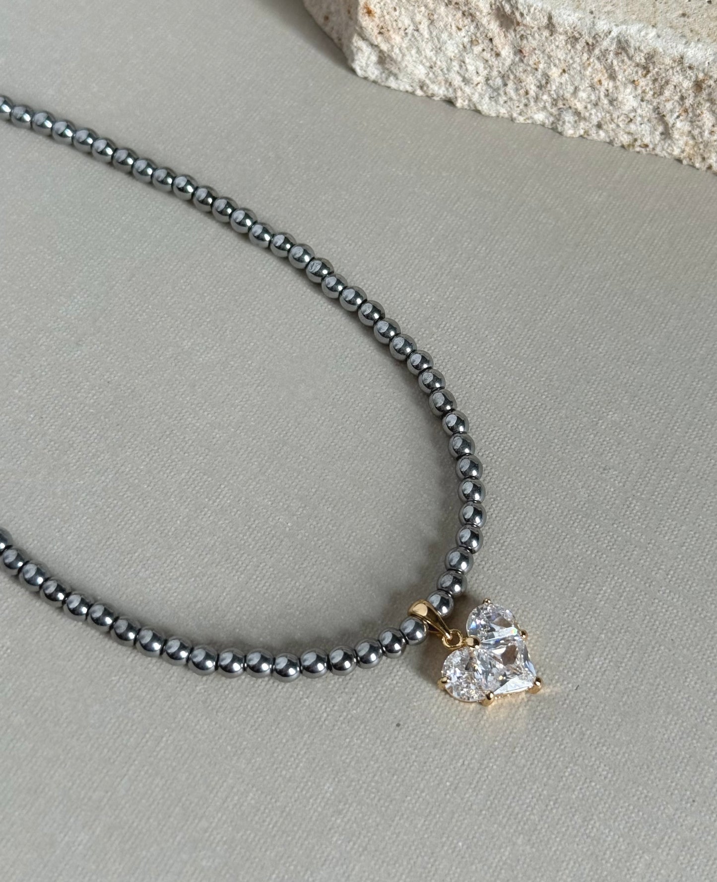 Beaded Hematite Zirconia Heart Necklace