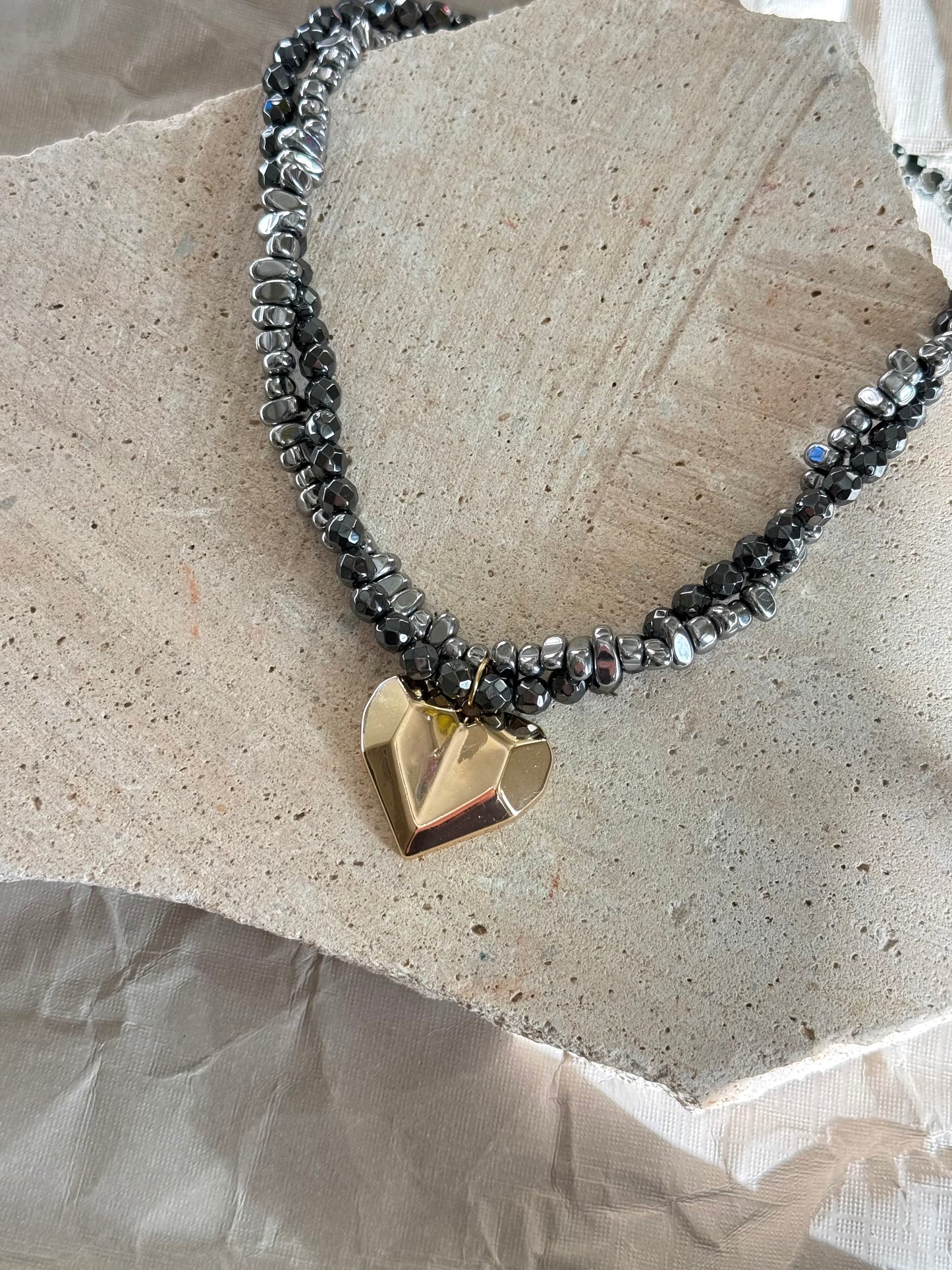 Twisted Hematite Large Heart Necklace