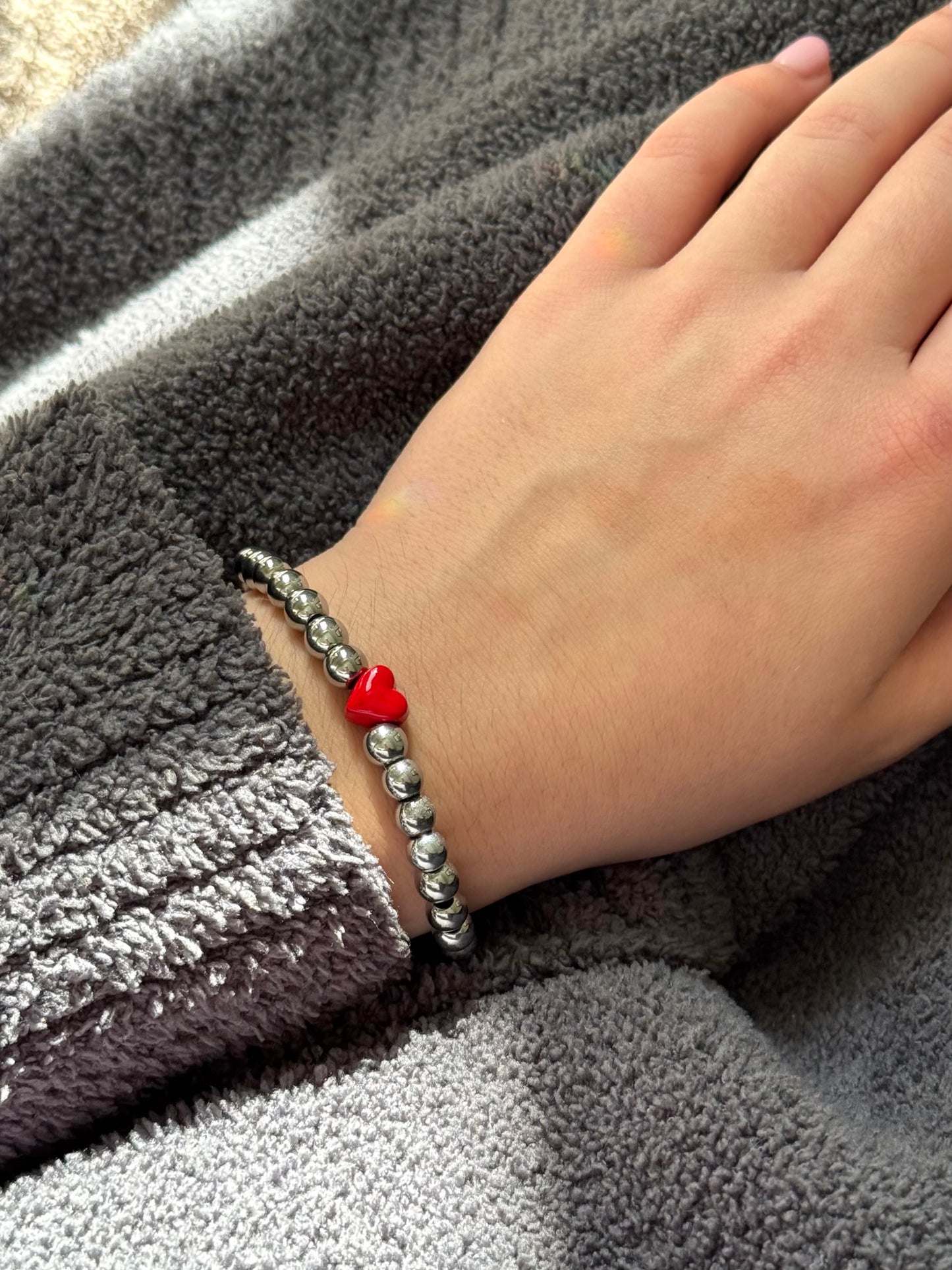 Grey Hematite Red Heart Bracelet