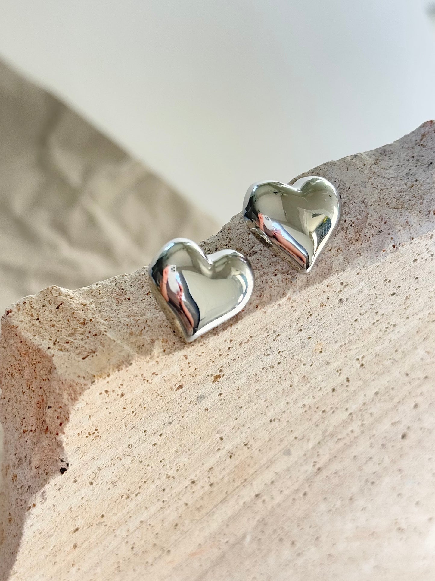 Stainless Steel Silver Plated 3D Heart Earrings