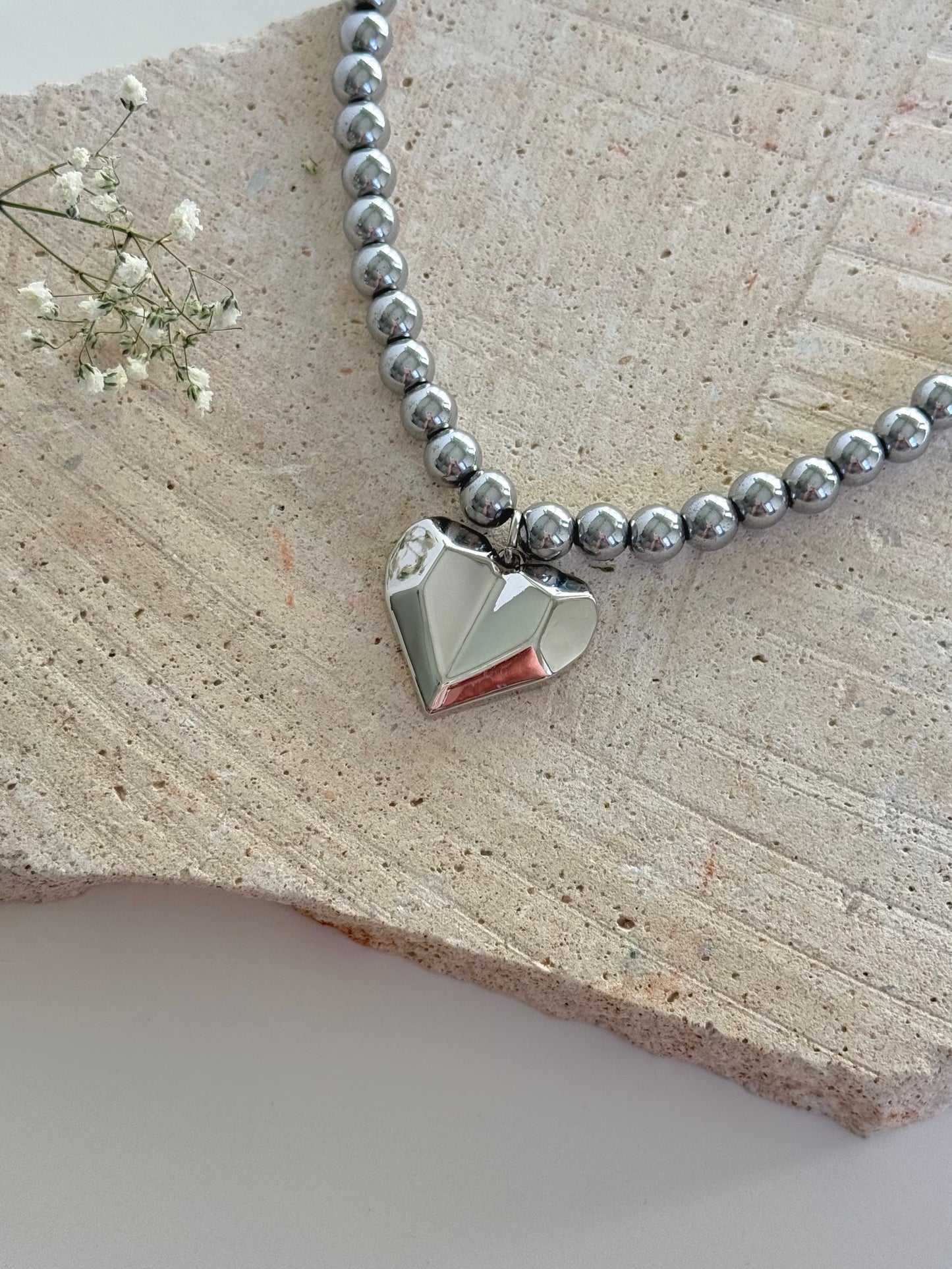 Grey Beaded Hematite Large Heart Necklace