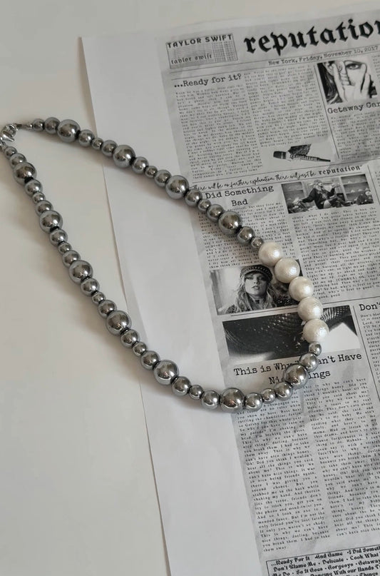 Patterned Hematite With Pearl Accent Necklace